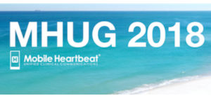 Text reads "MHUG 2018" above the Mobile Heartbeat logo, set against a background image of the beach in Sunny Isles Beach, Florida.