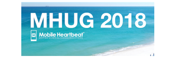 Text reads "MHUG 2018" above the Mobile Heartbeat logo, set against a background image of the beach in Sunny Isles Beach, Florida.