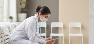 masked doctor sitting in waiting area